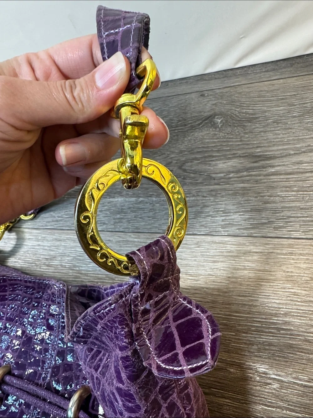 Andre Oliver Purple Croc-Embossed Shoulder Bag with Gold Hardware